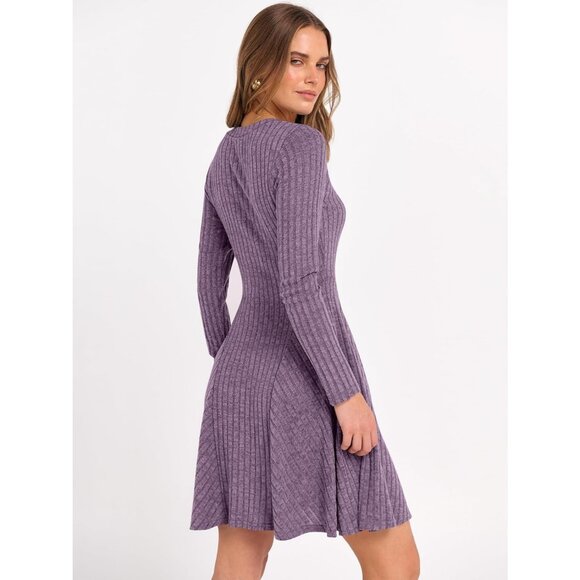 Women's Long Sleeve Ribbed Knit Short Dresses V Neck Swing Sweater Dress Purple - Picture 4 of 7